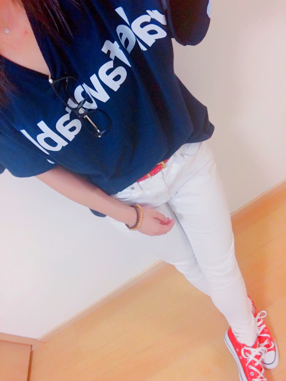 「ネイビー、ホワイト、お出かけコーデ、彼氏、友達、夜、七夕」｜「one wayのアイテム（Tシャツ/カットソー、ブルー系）」を使った、みゃかさん（レディース・160cm）の夏コーディネートの1枚目の写真