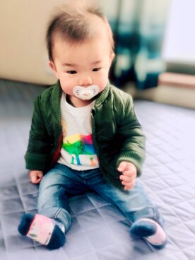「9ヶ月」｜「アイテム（ジャケット/アウター）」を使った、monkiさん（キッズ・70cm）の冬コーディネート