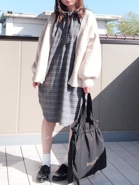 「チェックシャツワンピース」｜「アイテム（シャツワンピース）」を使った、hitomiさん（レディース・158cm）の秋コーディネート