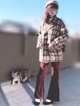 「スリットパンツ」｜「アイテム（ハンチング/ベレー帽）」を使った、hitomiさん（レディース・158cm）の秋コーディネート