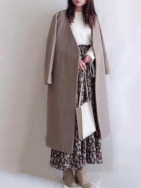 「KBF（ケイビーエフ）のアイテム（ノーカラーコート）」を使った、hitomiさん（レディース・158cm）の冬コーディネート