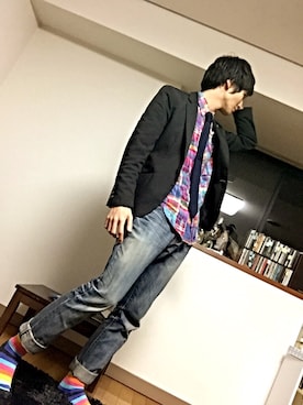 「VANQUISH（ヴァンキッシュ）のアイテム（テーラードジャケット、ブラック系）」を使った、GiGiさん（メンズ・180cm）の春コーディネート