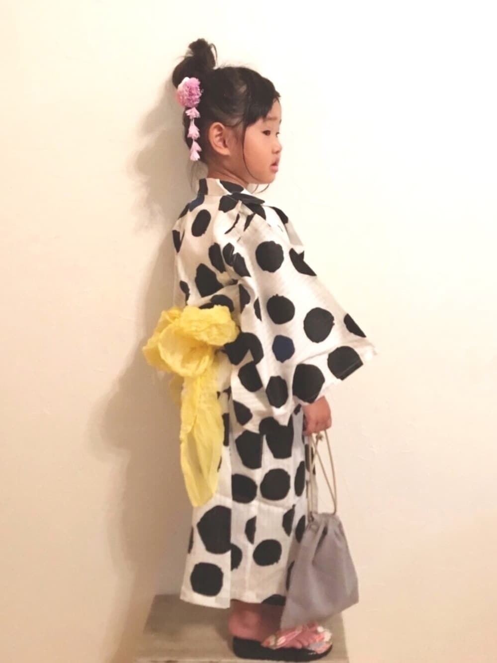 「浴衣、浴衣コーデ、浴衣祭り、巾着、お祭りコーデ、下駄、夏コーデ、ドット、プチプラ」｜「Birthdayのアイテム（浴衣、その他）」を使った、maakeeさん（キッズ・110cm）の夏コーディネートの1枚目の写真
