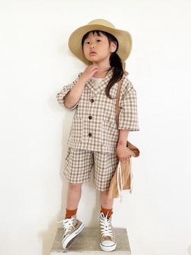 「アイテム（ハット、ホワイト系）」を使った、maakeeさん（キッズ・110cm）の春コーディネート