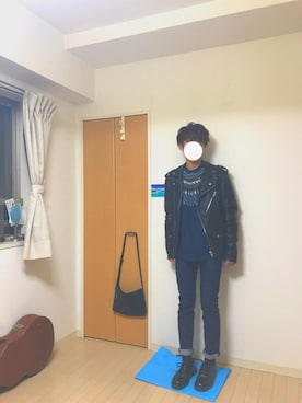 「ジャガード」｜「アイテム（ライダースジャケット）」を使った、あきさん（メンズ・170cm）の冬コーディネート