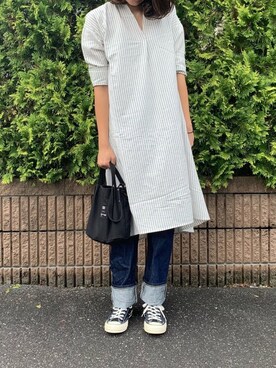 「ISOOK（アイスー）のアイテム（シャツワンピース）」を使った、achitaさん（レディース・168cm）の秋コーディネート