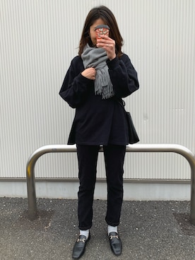 「select MOCA（セレクトモカ）の柔らかく履きやすいフェイクレザーゴールドビット付きローファー（ローファー）」を使った、achitaさん（レディース・168cm）の冬コーディネート