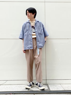 「JUNRED（ジュンレッド）のレトロカラーチェックシャツ（シャツ/ブラウス、ブルー系）」を使った、umesakiさん（メンズ・165cm）の夏コーディネート