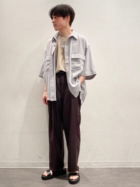 「JUNRED（ジュンレッド）のピンストライプモンスタービッグシャツ（シャツ/ブラウス、グレー系）」を使った、umesakiさん（メンズ・165cm）の夏コーディネート