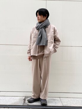 「JUNRED（ジュンレッド）の【ふっくら暖かい・トレンドシルエット】エアリーストレッチフラノジップブルゾン【Set Up可能】（ブルゾン、ベージュ系）」を使った、umesakiさん（メンズ・165cm）の秋コーディネート
