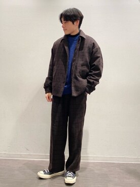 「JUNRED（ジュンレッド）の【セットアップ対応】ツイーディーチェックショートブルゾン（ブルゾン、ブラウン系）」を使った、umesakiさん（メンズ・165cm）の冬コーディネート