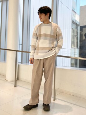 「JUNRED（ジュンレッド）のシャギーチェックルーズニット（ニット/セーター、ホワイト系）」を使った、umesakiさん（メンズ・165cm）の冬コーディネート