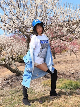 「花見」｜「アイテム（デニムジャケット）」を使った、りなっぺさん（レディース・161cm）の春コーディネート