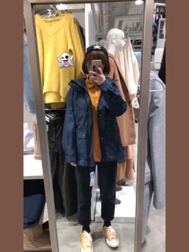 「yellow」｜「アイテム（ニットキャップ/ビーニー）」を使った、noriさん（レディース・158cm）の冬コーディネート