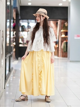「Ray BEAMS（レイビームス）のアイテム（ハット）」を使った、MARUERIさん（レディース・164cm）の夏コーディネート