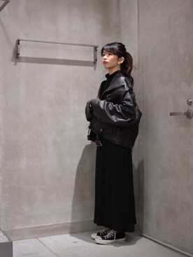 「MONKEY TIME（モンキータイム）のアイテム（ライダースジャケット）」を使った、Momo Mizoteさん（レディース・154cm）の秋コーディネート