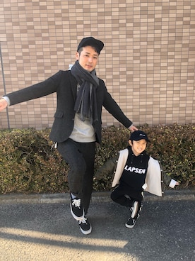 「パパと息子」｜「アイテム（帽子）」を使った、緋彩×緋志さん（キッズ・90cm）の冬コーディネート