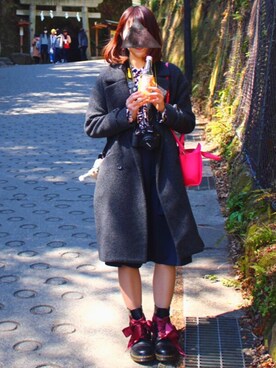 「HARE（ハレ）のベルトツキWチェスターコート(HARE) （チェスターコート、グレー系）」を使った、あすかさん（レディース・163cm）の春コーディネート