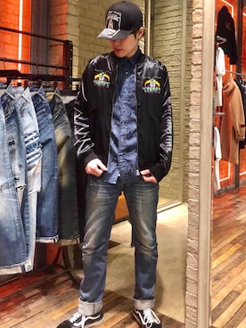 「HYSTERIC GLAMOUR（ヒステリックグラマー）のHYS WHISKY柄 刺繍キャップ（キャップ）」を使った、カイさん（メンズ・176cm）の冬コーディネート