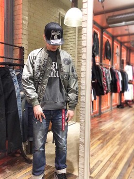 「HYSTERIC GLAMOUR（ヒステリックグラマー）のHYS WHISKY柄 刺繍キャップ（キャップ）」を使った、カイさん（メンズ・176cm）の秋コーディネート