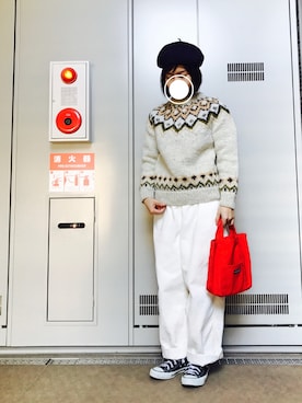 「カウチンセーター」｜「アイテム（ハンチング/ベレー帽）」を使った、m.さん（レディース・152cm）の冬コーディネート