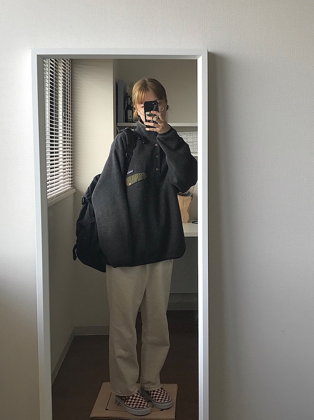 「古着、used、メンズライク、パタゴニア、シンチラ」｜「patagoniaのアイテム（トップス、グレー系）」を使った、ほさん（レディース・162cm）の秋コーディネートの1枚目の写真