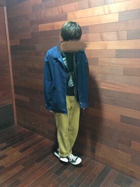 「GU（ジーユー）のアイテム（ジャケット/アウター、ブルー系）」を使った、よしもりさん（メンズ・182cm）の春コーディネート