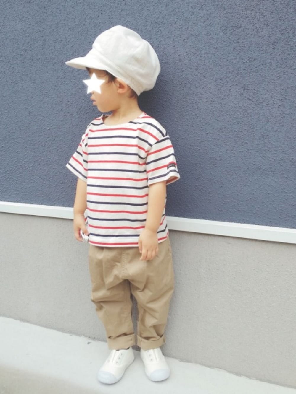 「カジュアルコーデ、キッズコーデ、ボーダー、夏だ！Tシャツ着よう！、プチプラ、Tシャツ、チノパン、男の子、マリン、ハンドメイド」｜「Birthdayのアイテム（Tシャツ/カットソー、その他）」を使った、ゆちさん（キッズ・90cm）の夏コーディネートの1枚目の写真