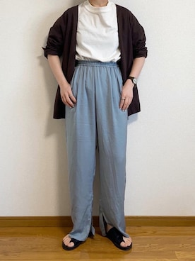 「サテンパンツ」｜「アイテム（ノーカラージャケット）」を使った、karepyosさん（レディース・157cm）の春コーディネート