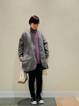 「coen（コーエン）のアイテム（ノーカラージャケット）」を使った、coen りょうまるさん（レディース・158cm）の冬コーディネート