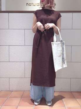 「natural couture（ナチュラルクチュール）のDカンベルト付きワッフルTワンピ（ワンピース）」を使った、ありんさん（レディース・170cm）の夏コーディネート