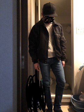 「ワークマンのアイテム（MA-1、ブラック系）」を使った、Kokiさん（メンズ・170cm）の冬コーディネート