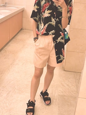 「アロハシャツ」｜Mさん（レディース・157cm）の夏コーディネート