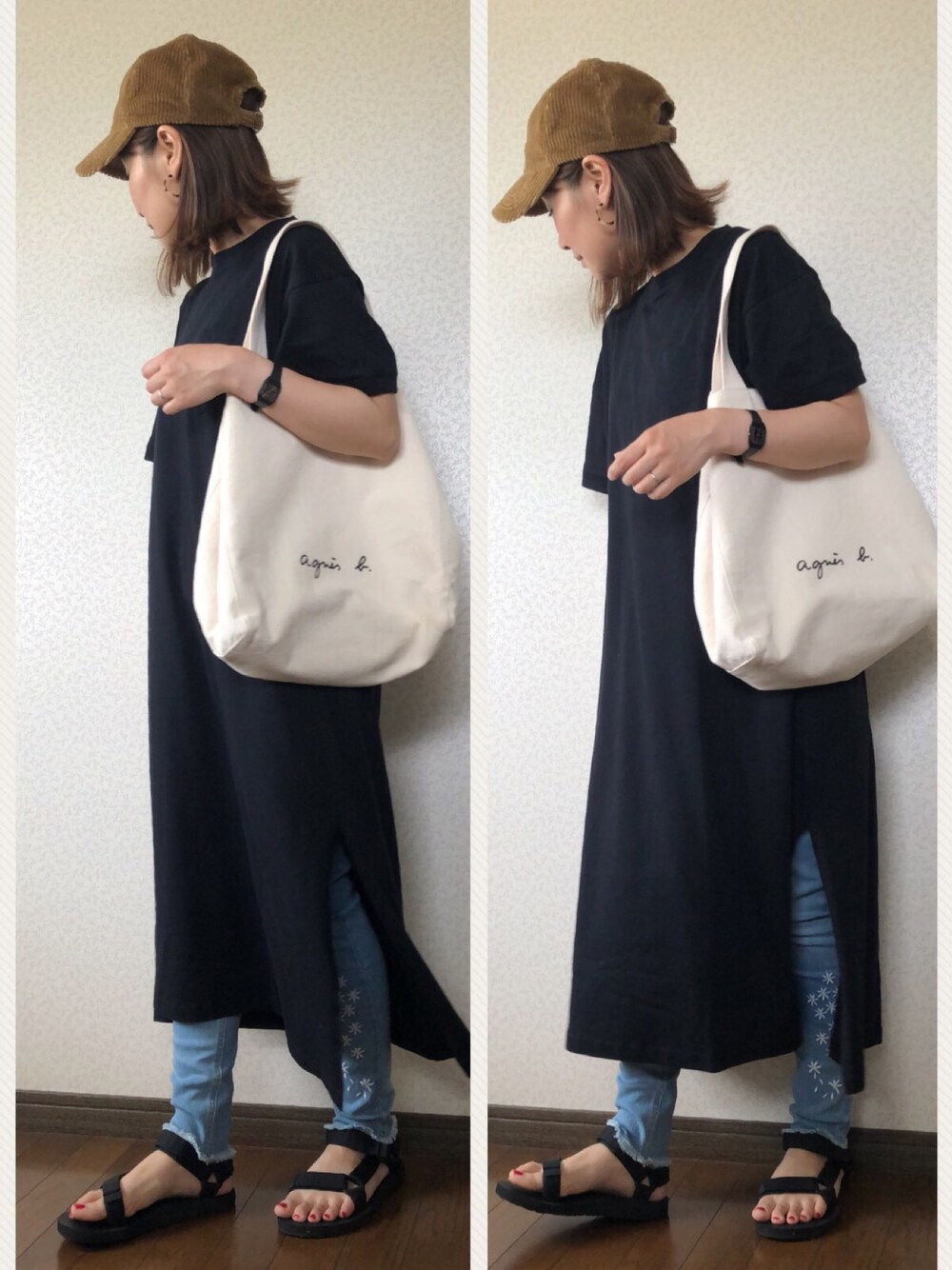 「Desigual、デニム、キャップ、Tシャツワンピ、ママコーデ、カジュアルコーデ、大人カジュアル、ママファッション、teva、デシグアル」｜「BEAUTY&YOUTH UNITED ARROWSのBY ビッグコーデュロイキャップ（キャップ、ブラウン系）」を使った、uaさん（レディース・153cm）の夏コーディネートの1枚目の写真