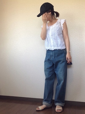 「白トップス」｜「アイテム（その他）」を使った、uaさん（レディース・153cm）の夏コーディネート