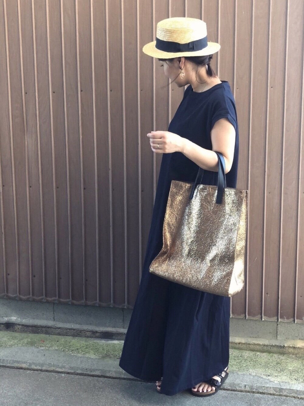 「Goldy、ゴールディ、Sonny　Label、サニーレーベル、マキシワンピ、カンカン帽、birkenstock、ARIZONA、METALLICSTONES」｜「SLOBE IENAのSTRAW BOATER HAT（ハット、ブラック系）」を使った、uaさん（レディース・153cm）の夏コーディネートの1枚目の写真
