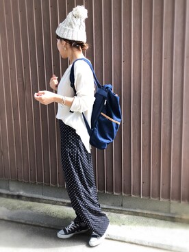 「le.coeur blanc（ルクールブラン）のデシンドットプリントワイドパンツ（その他パンツ）」を使った、uaさん（レディース・153cm）の秋コーディネート