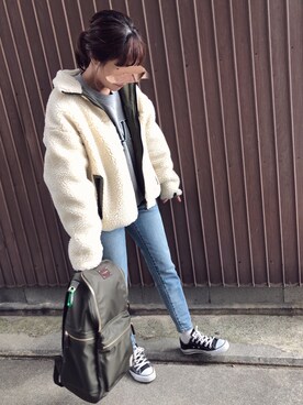 「ZOZO（ゾゾ）のスリムテーパードデニムパンツ［WOMEN］（デニムパンツ）」を使った、uaさん（レディース・153cm）の冬コーディネート