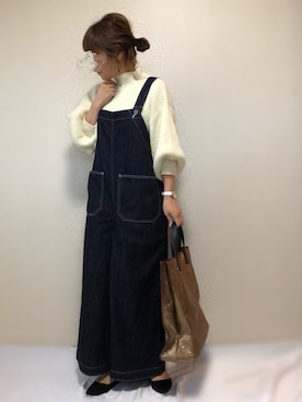 「SHARE PARK（シェアパーク）のアイテム（サロペット/オーバーオール）」を使った、uaさん（レディース・153cm）の冬コーディネート