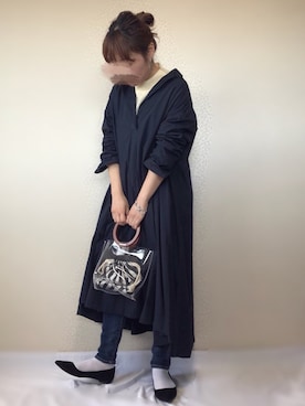 「アイテム（シャツワンピース、ブルー系）」を使った、uaさん（レディース・153cm）の冬コーディネート