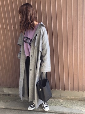 「黒パンツ」｜「アイテム（ステンカラーコート）」を使った、uaさん（レディース・153cm）の冬コーディネート