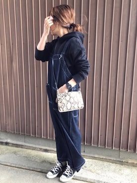 「SHARE PARK（シェアパーク）のアイテム（サロペット/オーバーオール）」を使った、uaさん（レディース・153cm）の冬コーディネート