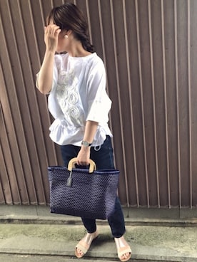 「ZOZO（ゾゾ）のスリムテーパードデニムパンツ［WOMEN］（デニムパンツ）」を使った、uaさん（レディース・153cm）の夏コーディネート