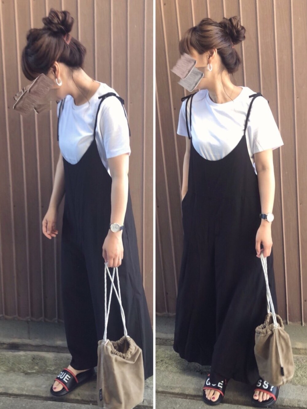 「guess、シンプル、大人カジュアル、ママコーデ、Goldy、USポロ、uspolo、THEPLATINUMSELECT、巾着バッグ、FUJIROCKEEN、keen」｜「ZOZOのクルーネックTシャツ／ホワイト［WOMEN］（Tシャツ/カットソー、ホワイト系）」を使った、uaさん（レディース・153cm）の夏コーディネートの1枚目の写真