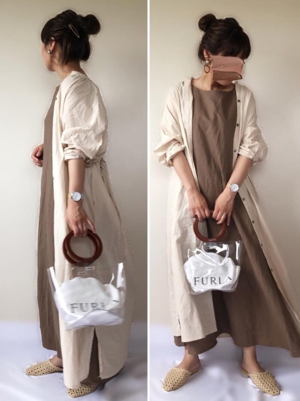 「低身長、サニーレーベル、Sonny　Label、アントマリーズ、auntmarie's 、スカーゲン、SKAGEN、Goldy、リネンワンピース、シャツワンピ」｜「Aunt Marie'sのAUNT MARIE'S  バンドカラーコットンロングシャツワンピース（シャツワンピース、ベージュ系）」を使った、uaさん（レディース・153cm）の夏コーディネートの1枚目の写真