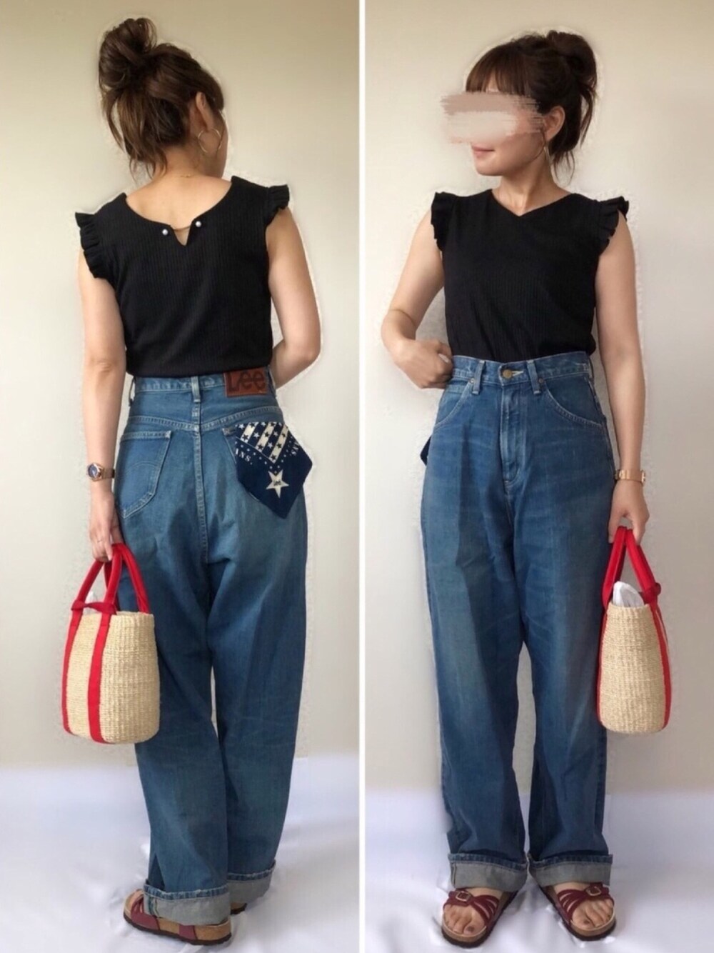 「tocco、toccocloset、かごバッグ、birkenstock、ビルケンシュトック、ビルケン、birken、オトナ女子、オトナカジュアル、ゆるデニム」｜「SLOBE IENAのLEE LOOSE ストレートデニムパンツ◆（デニムパンツ、ブルー系）」を使った、uaさん（レディース・153cm）の夏コーディネートの1枚目の写真