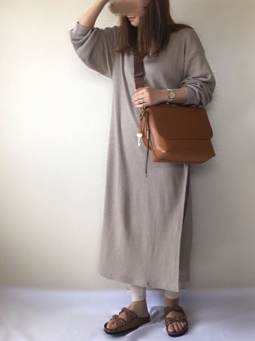 「平成最後のWEARISTAセンバツ、フォッシル、Fossil、FOSSILSTYLE、birkenstock、ビルケンシュトック、ビルケン、グラナダ、ワッフルワンピース、スリットワンピース」｜「LIPSTARのバックベルトワッフルスリットワンピース（ワンピース、ベージュ系）」を使った、uaさん（レディース・153cm）の春コーディネートの1枚目の写真