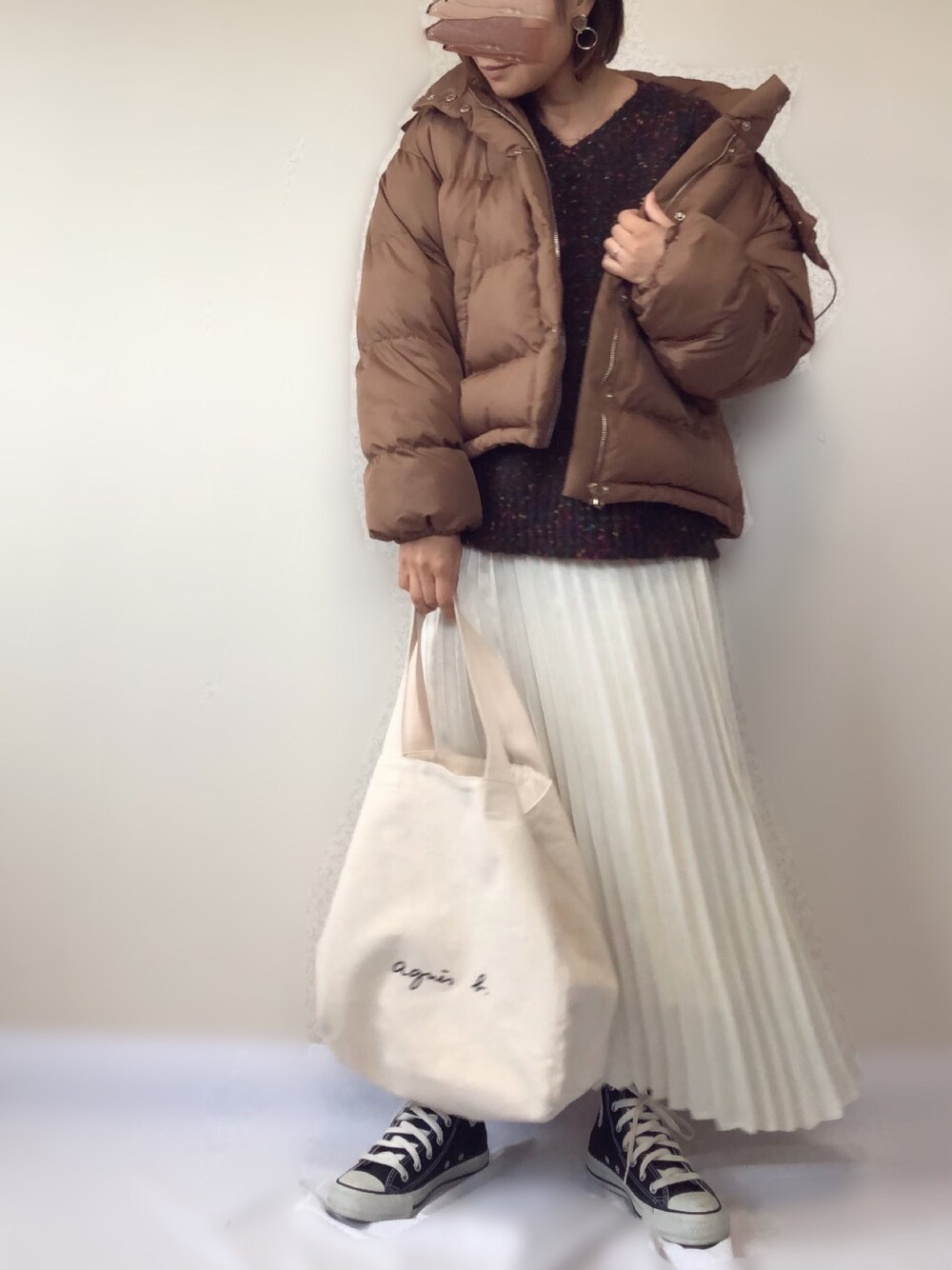 「アントマリーズ、auntmarie's 、ダウンジャケット、リップスター、LIPSTAR、フレディ、フレディアンドグロスター、fredy repit、fredy、プリーツスカート」｜「Aunt Marie'sのAUNT MARIE'S ショートファイバーダウン（ダウンジャケット/コート、ブラウン系）」を使った、uaさん（レディース・153cm）の秋コーディネートの1枚目の写真
