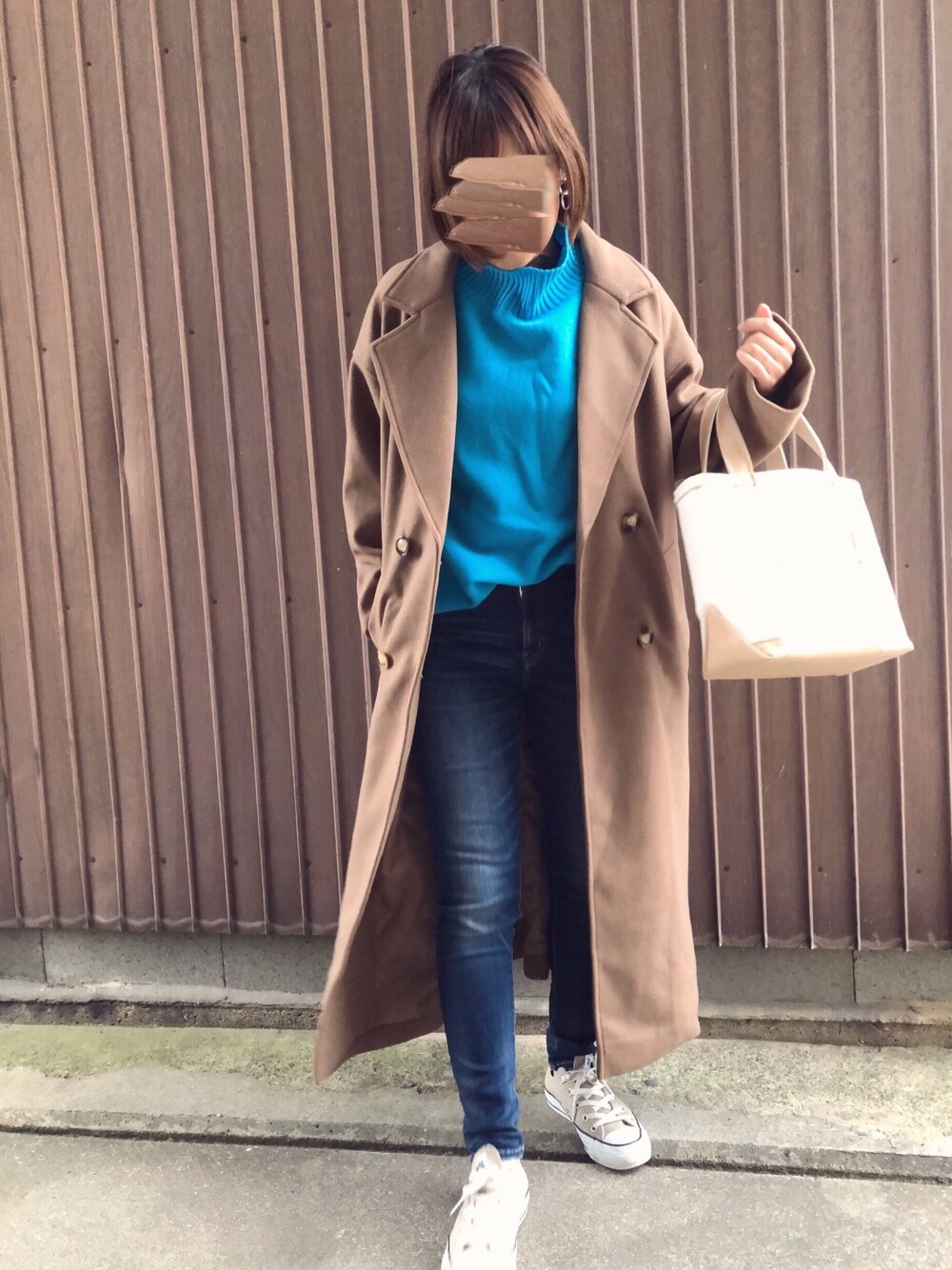 「NOLLEY'S、ノーリーズ、やっぱりストリートが好き、秋冬コーデ、アントマリーズ、auntmarie's 、チェスターコート、おしゃれさんと繋がりたい、オトナカジュアル、スキニーデニム」｜「Aunt Marie'sのAUNT MARIE'S オーバーダブルチェスターコート（チェスターコート、イエロー系）」を使った、uaさん（レディース・153cm）の秋コーディネートの1枚目の写真