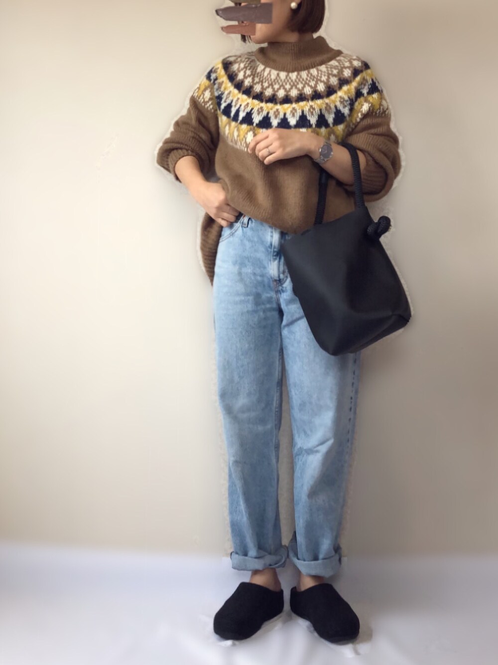「リップスター、LIPSTAR、fitflop、フィットフロップ、fitflop_japan、Levi's、SKAGEN、スカーゲン、ノルディック柄、ダッドジーンズ」｜「LIPSTARのノルディックジャガードニット（ニット/セーター、ブラウン系）」を使った、uaさん（レディース・153cm）の冬コーディネートの1枚目の写真